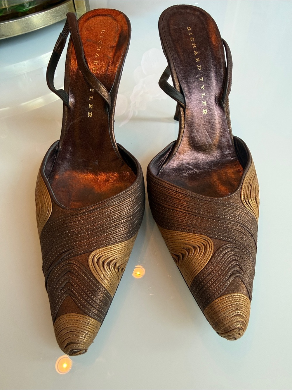 Richard Tyler Vintage Brown Gold Art Deco Pointed Toe Slingback Heels